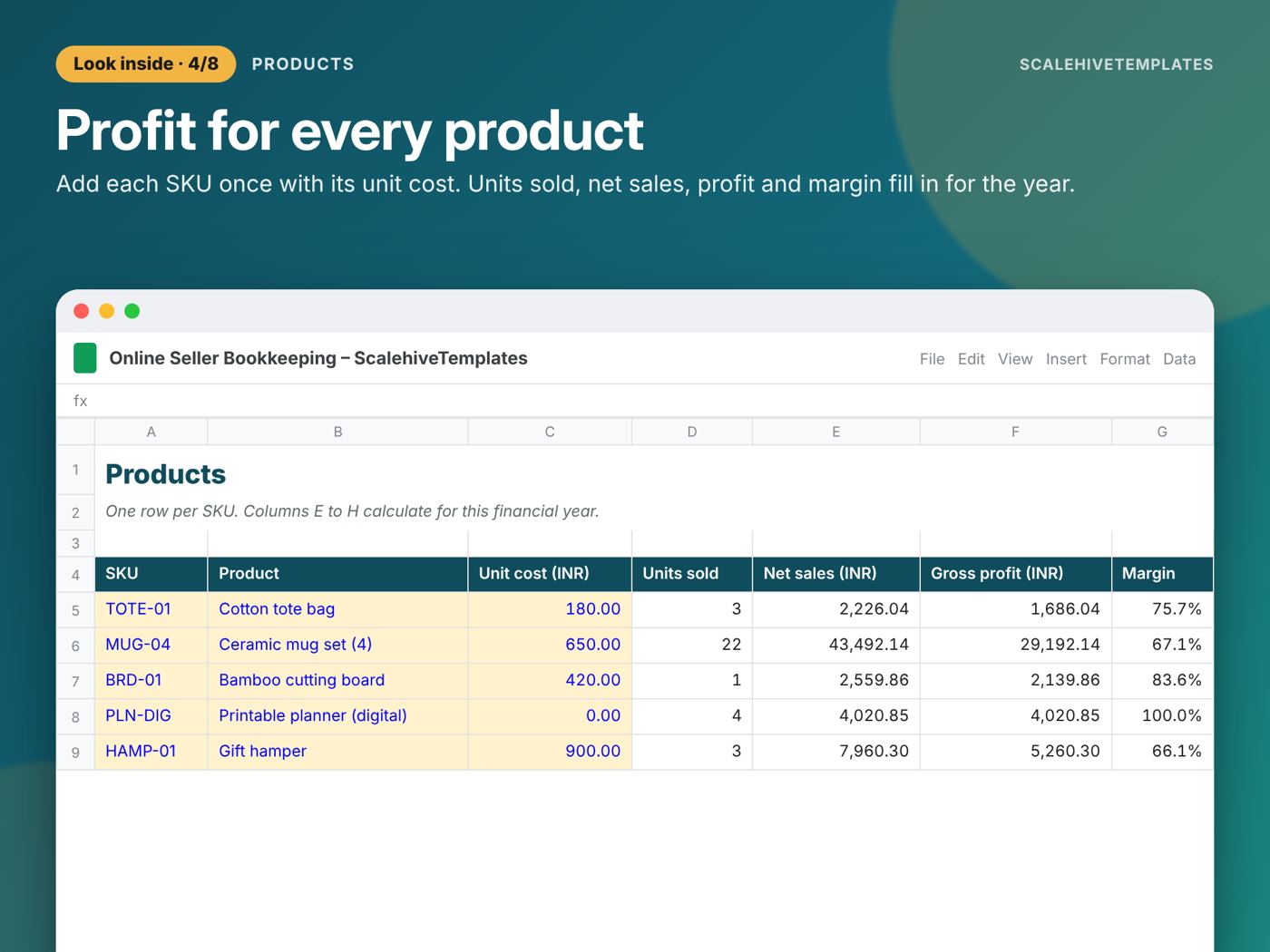 Online Seller Bookkeeping: Products tab