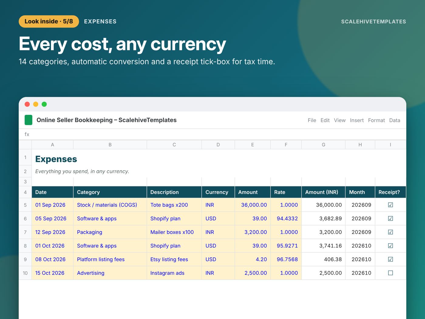 Online Seller Bookkeeping: Expenses tab
