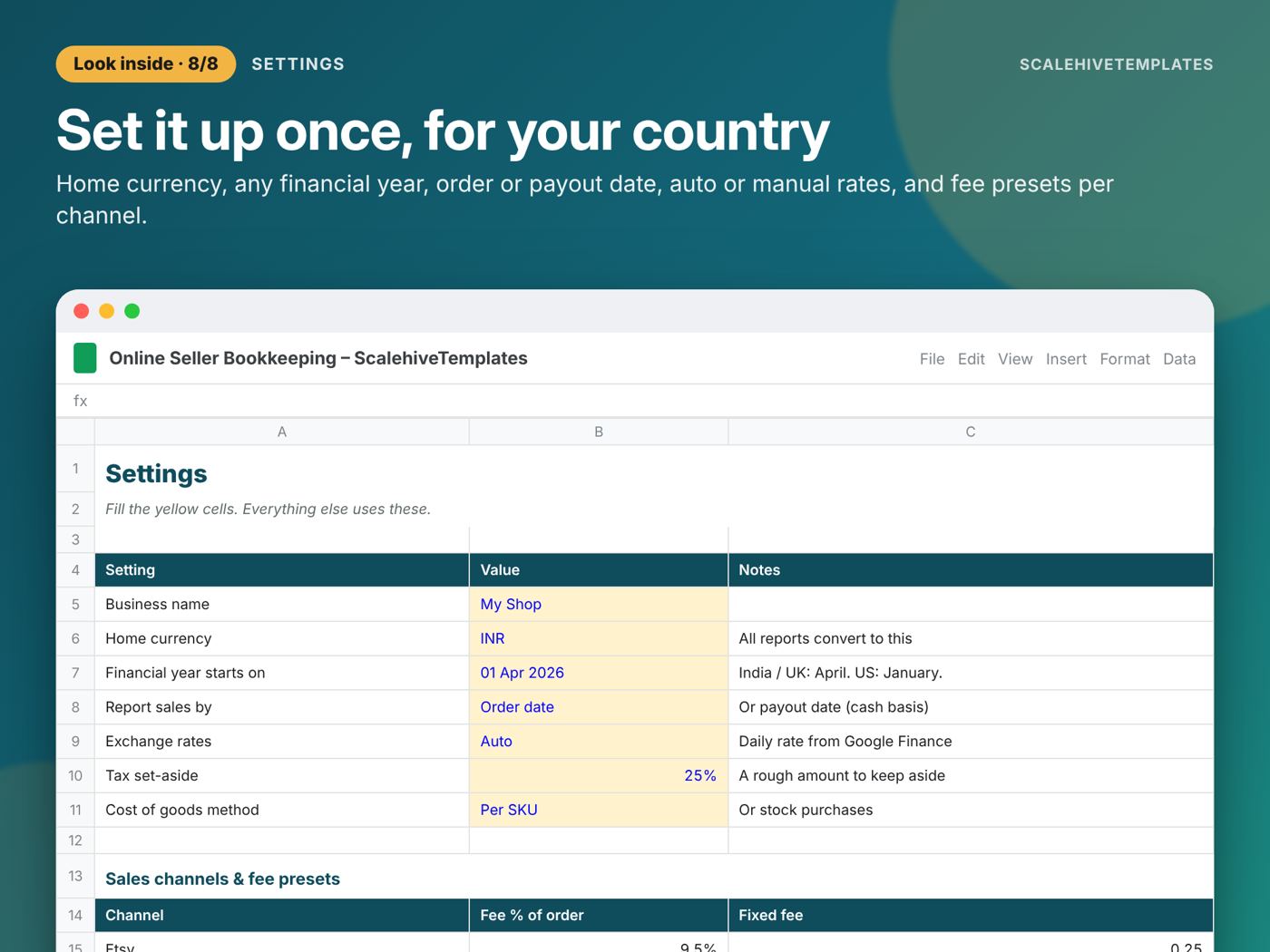 Online Seller Bookkeeping: Settings tab