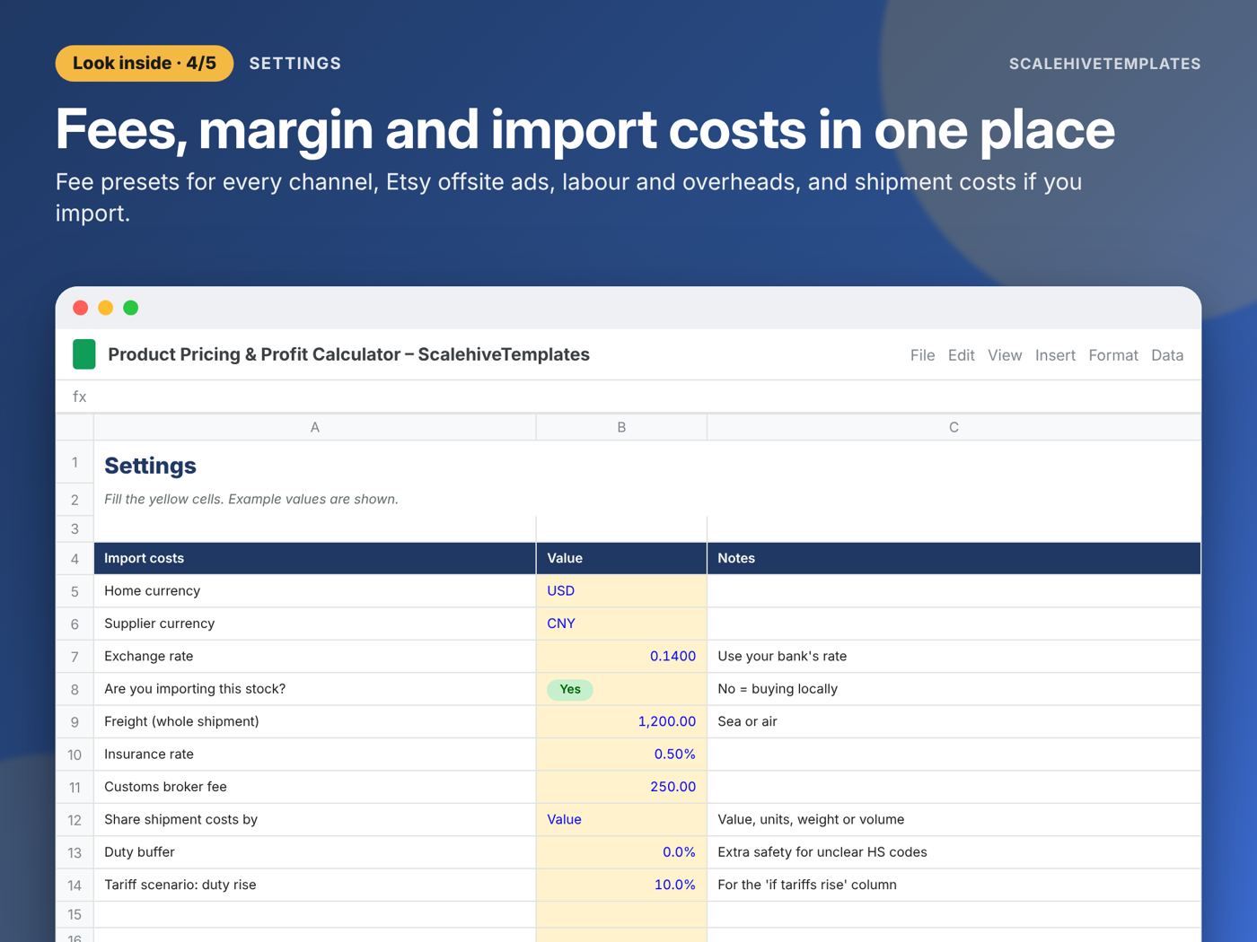 Product Pricing & Profit Calculator: Settings tab