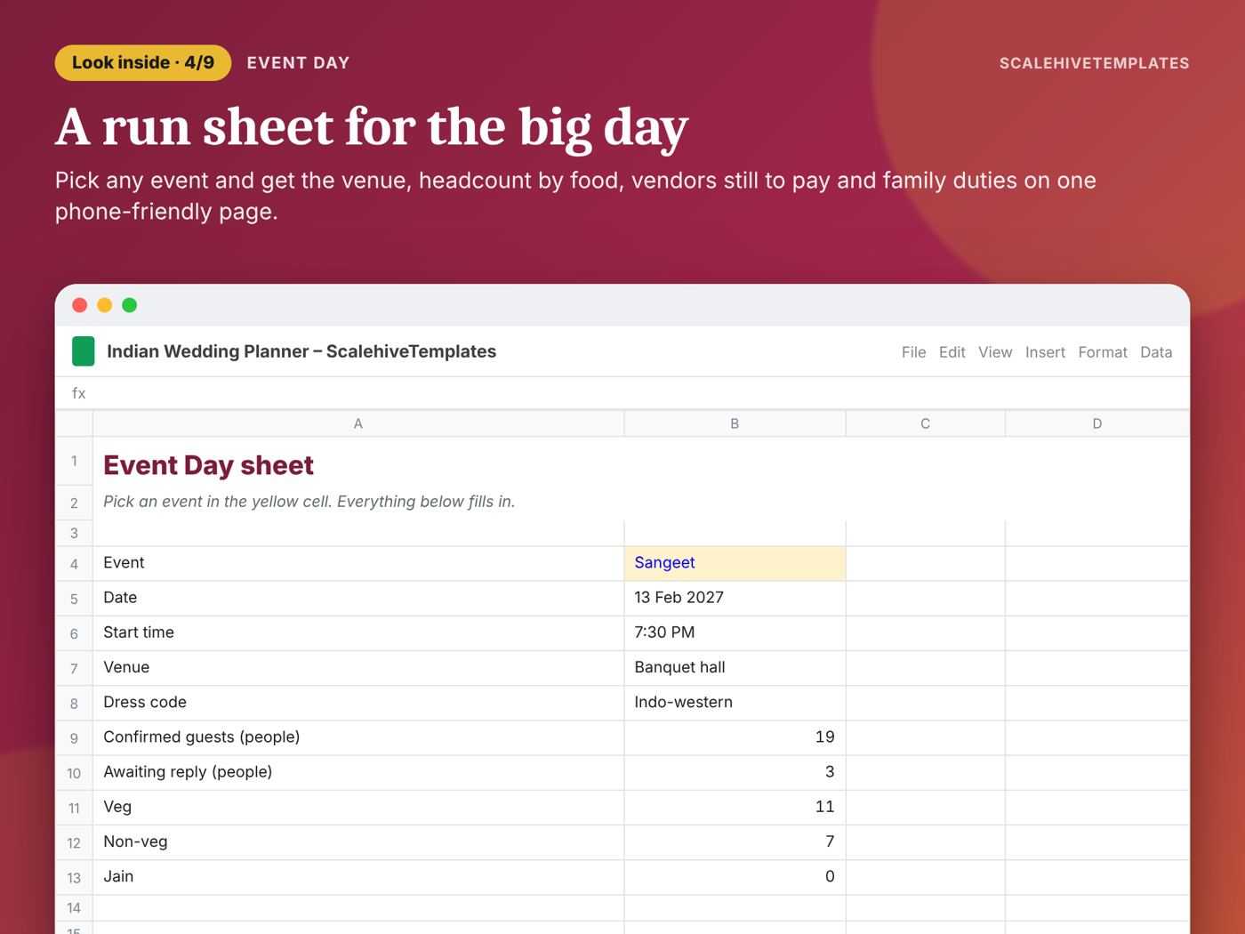 Indian Wedding Planner: Event Day tab